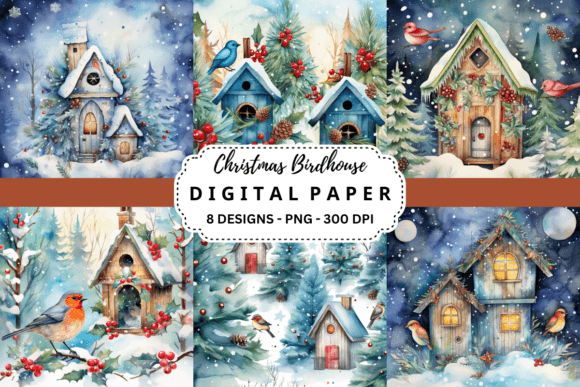 Christmas Birdhouse Backgrounds: Festive Design Assets