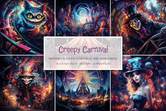 Creepy Carnival Watercolor Backgrounds: Dark, Psychedelic Design Assets