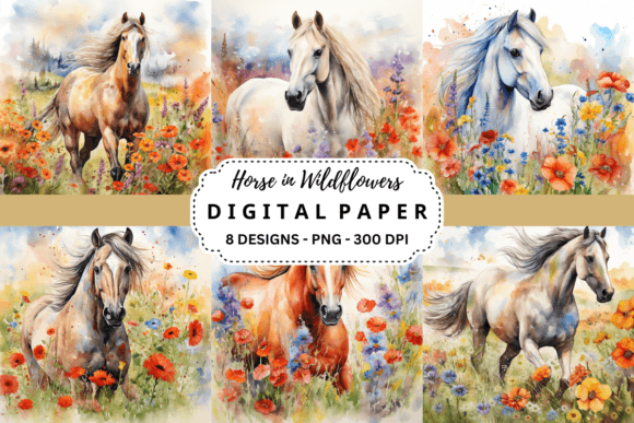 Horse in Wildflowers Backgrounds: Where Rustic Charm Meets Design Versatility