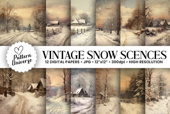 Vintage Snowy Scenes: 12 Digital Papers for Winter Crafting